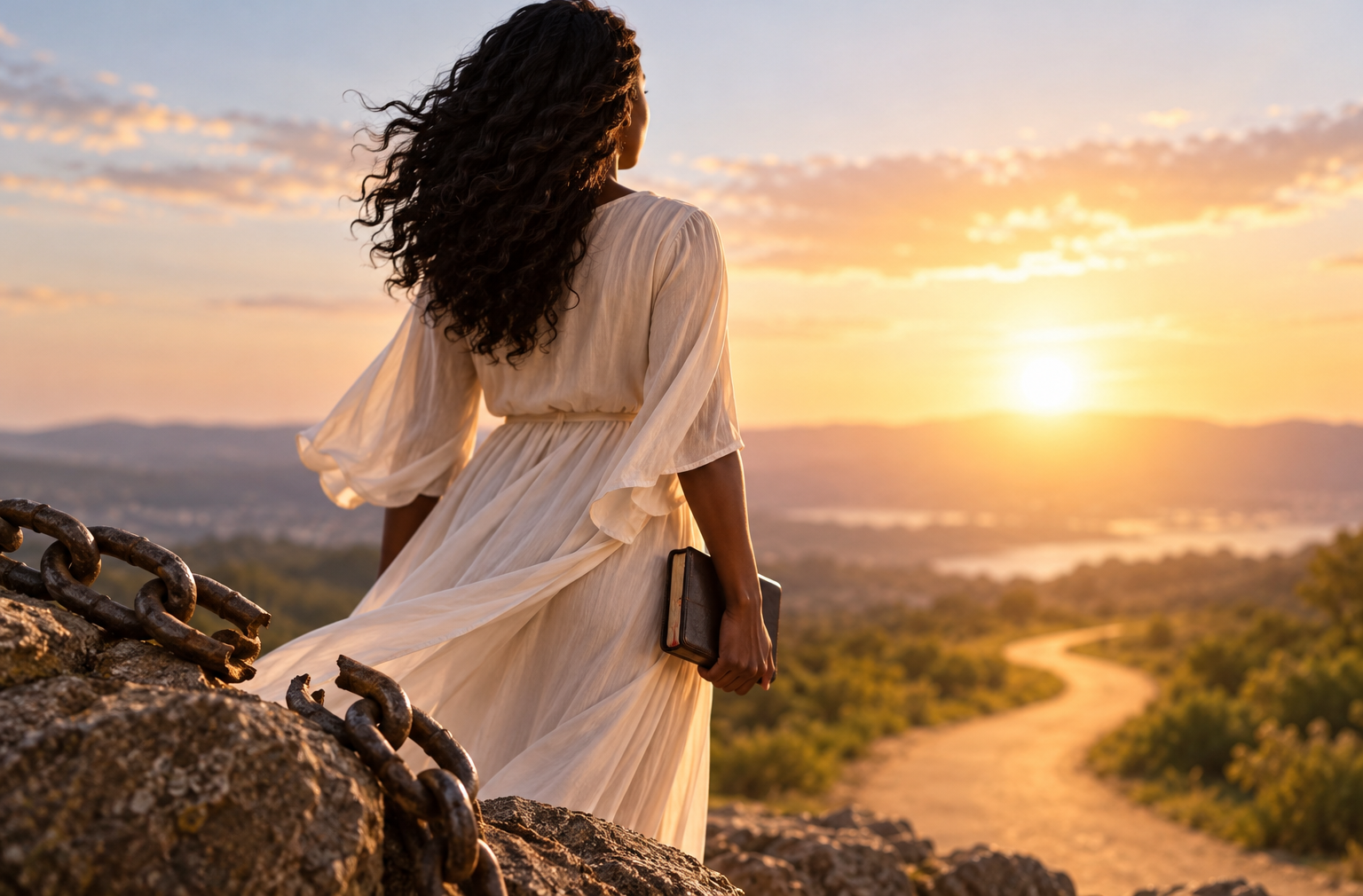 Black woman in a flowing white dress standing on a mountain overlooking a sunlit landscape, holding a Bible and facing a winding path toward the horizon.
